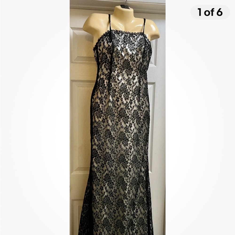 Vintage 80’s Black Lace & White Underlay Maxi Dress Evening Gown Party S 2